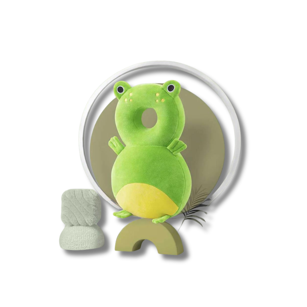 Mochila almofada protetora de cabeça para bebês em formato de bichinho.