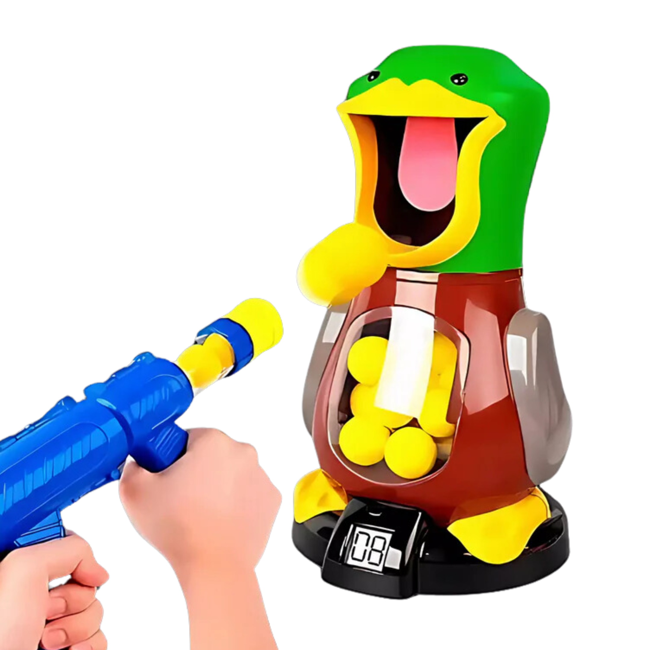 Conjunto completo do brinquedo Batalha dos Patos com pistola e patinhos.