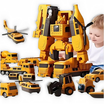 Criança montando e desmontando o robô a partir dos carros magnéticos.