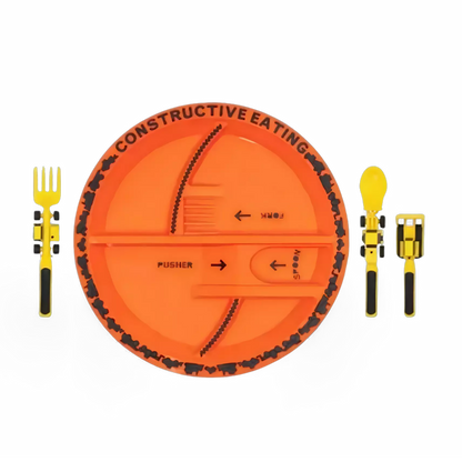 Prato infantil em formato de trator com alimentos