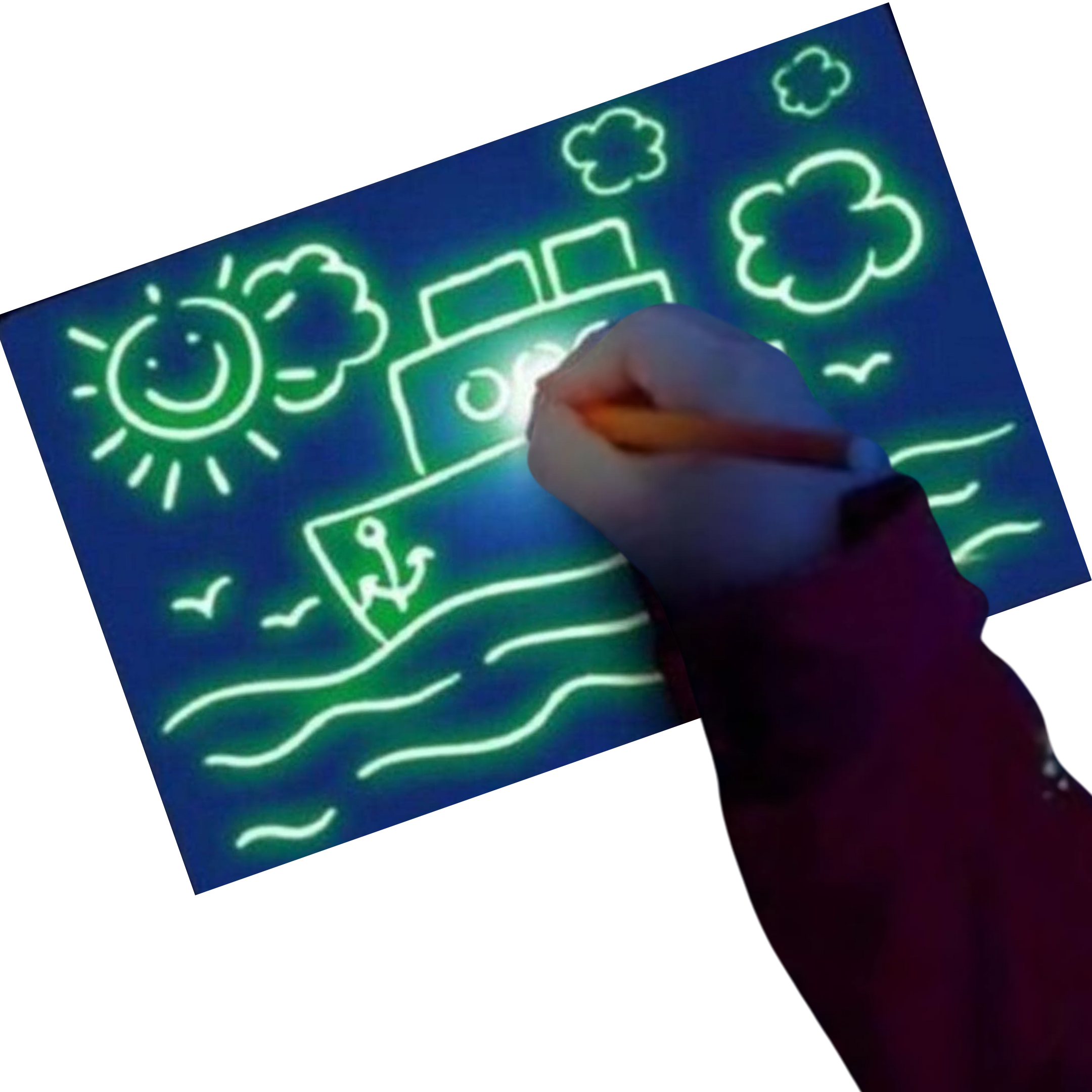 Criança desenhando em um tablet mágico que brilha no escur