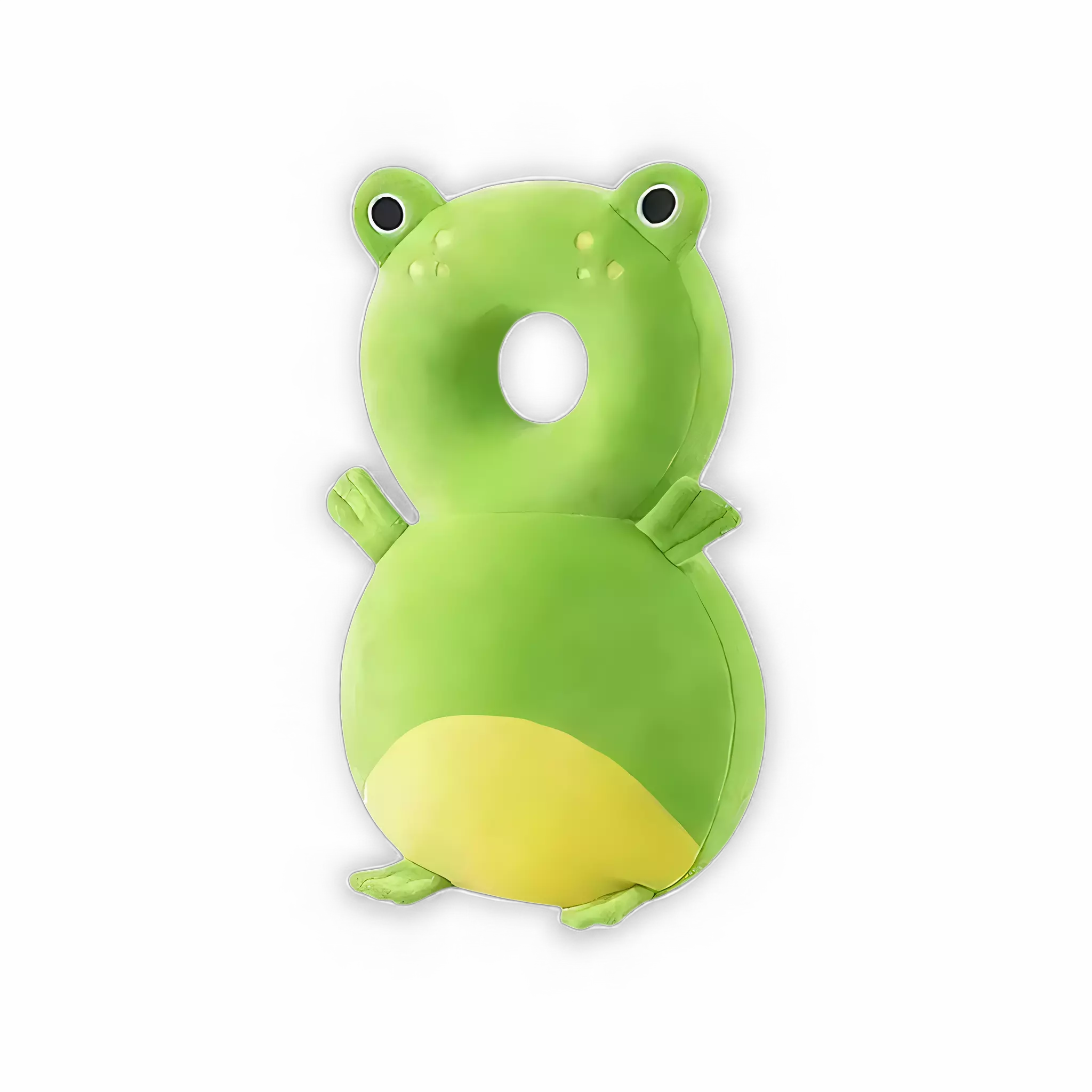 Bebê em pé com a mochila almofada protegendo a cabeça.