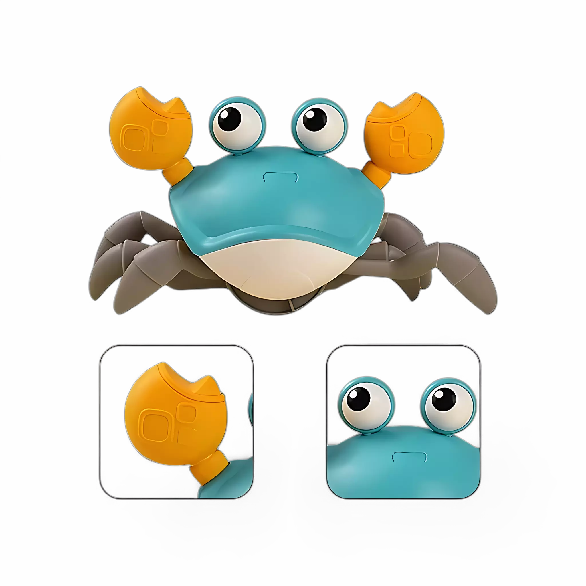 Caranguejo infantil que anda, desvia de obstáculos e toca música, ideal para divertir crianças pequenas.